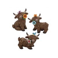 RESIN SPRING HIGHLAND COW 10X6X8CM 3ASST