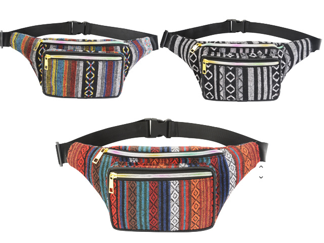 WAIST BAG ZIPPER ADJUSTABLE 34X14CM 3ASST