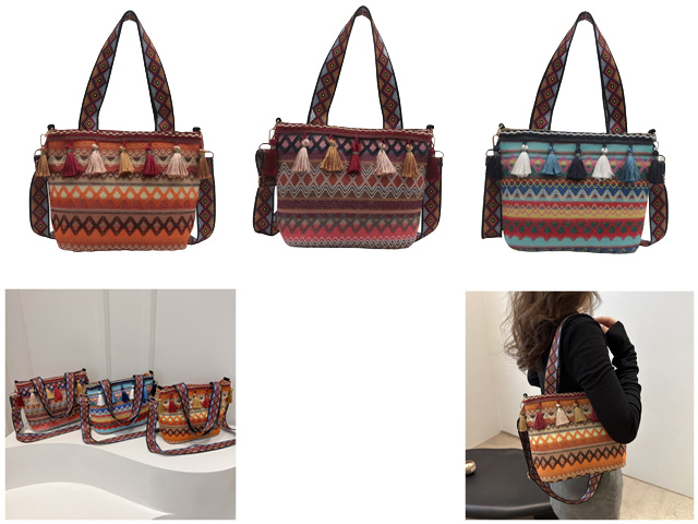 BOHEMIAN TASSEL CROSSBODY BAG 31X8.5X24CM 3ASST SOLD QTY6