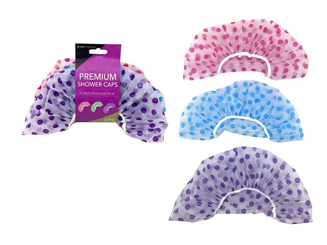 POLKA DOT ADULT SHOWER CAPS 3PK