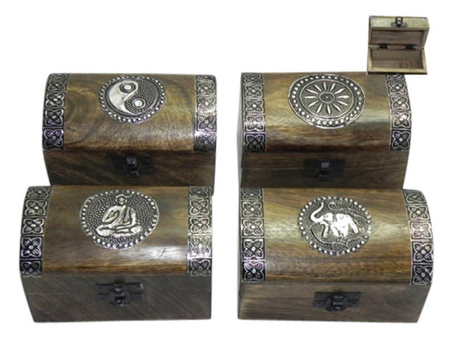 13X8CM WOOD TREASURE CHEST BOX 4ASST