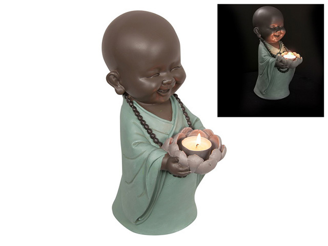 31CM TURQUOISE MONK W/TEALIGHT QTY 2