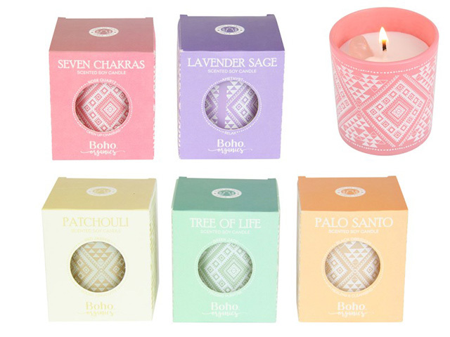 120G BOHO ORGANICS CANDLE W/GEM 6ASST