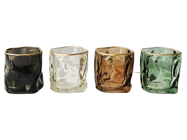GLASS CANDLE HOLDER 8X8X7.5CM 4ASST SOLD QTY12