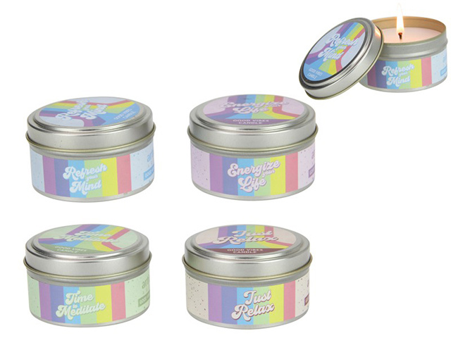 100G GOOD VIBES CANDLE IN TIN 4ASST SOLD QTY8
