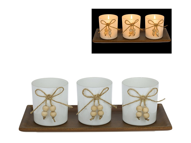 28CM MDF CANDLE HOLDER SET W/3 GLASSES