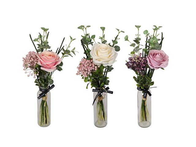 38CM ROSE FLOWERS IN GLASS VASE SOLD QTY 6