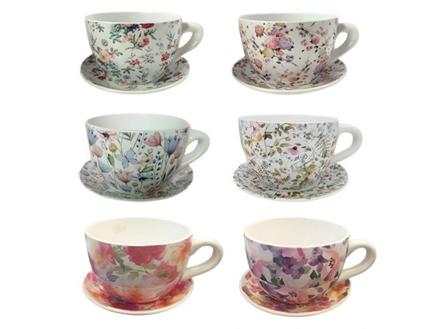 CERAMIC CUP AND SAUCER PLANTER 19X15X10CM 6ASST