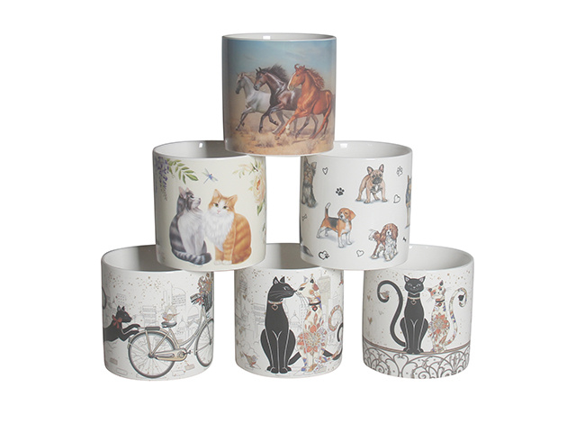 CATS DOGS HORSES CERAMIC POT 13X13CM 6ASST