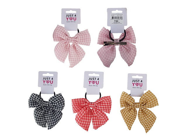 CLIP AND ELASTIC GINGHAM BOW SOLD QTY12