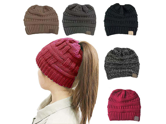 BEANIE KNITTED PONY TAIL ASST SOLD QTY12