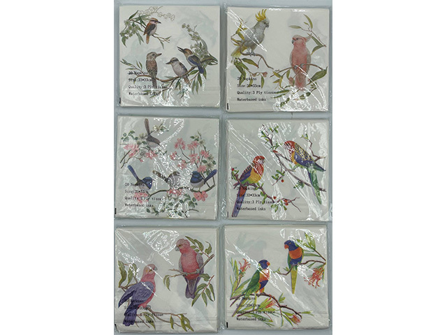 BIRDS NAPKINS 6ASST  20PK 33X33CM