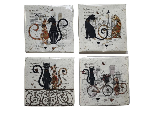 CAT COUPLE NAPKINS 20PK 3PLY 33X33CM 4ASST