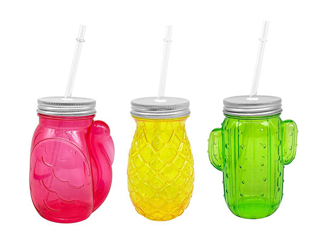 PLASTIC MASON JAR WITH STRAW 3ASST