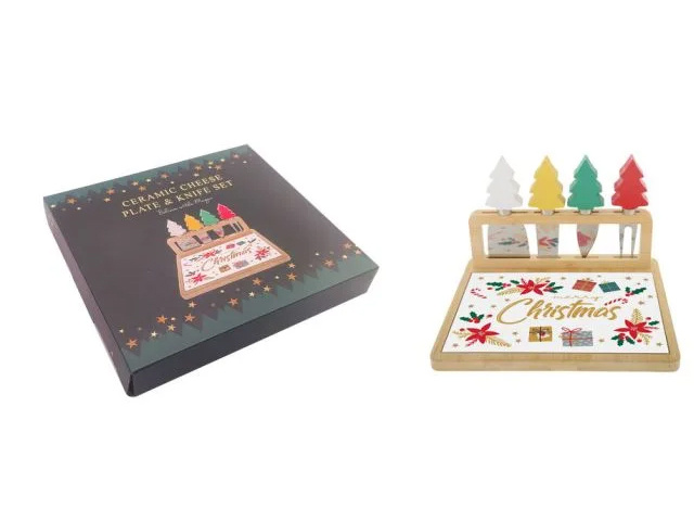 XMAS CHEESE BOARD AND 4 KNIVES  22x20x14.5cm