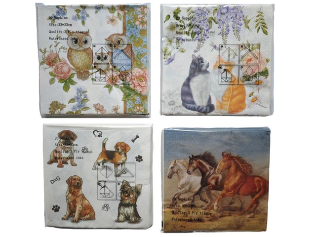 ANIMALS MIX NAPKINS 20PK 3PLY 33X33CM 4ASST