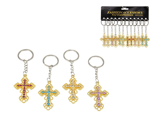 GOLD CROSS W COLOURED CRYSTAL 4ASST UN12