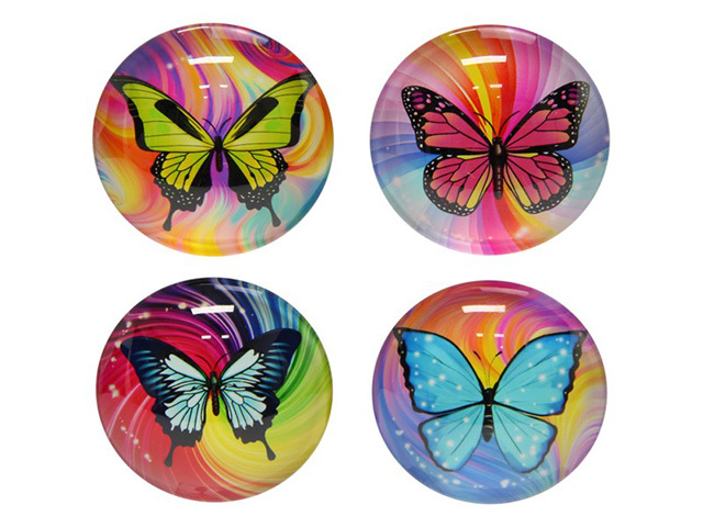 5CM ROUND GLASS BFLY MAGNET 4ASST SOLD QTY12
