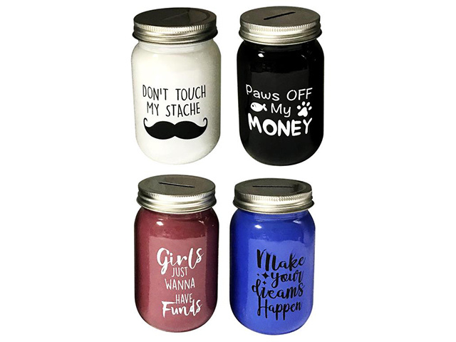 NOVELTY GLASS MONEY JAR 4ASST