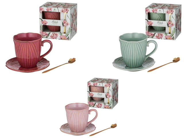 PETALS MUG SAUCER AND SPOON GIFT SET 2ASS