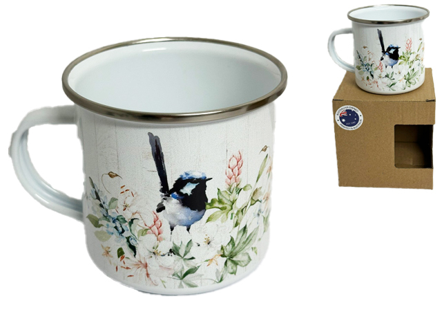 8X7.8CM ENAMEL MUG WITH WREN