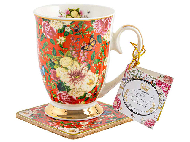 FLORAL GARDEN RED MUG AND COASTER SET