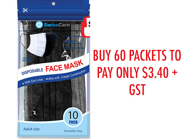 3PLY FACE MASKS BLACK 10PK