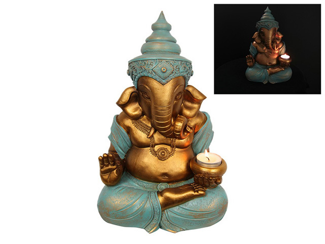 31CM GOLD SITTING GENESH W/TEALIGHT HLDR QTY 2