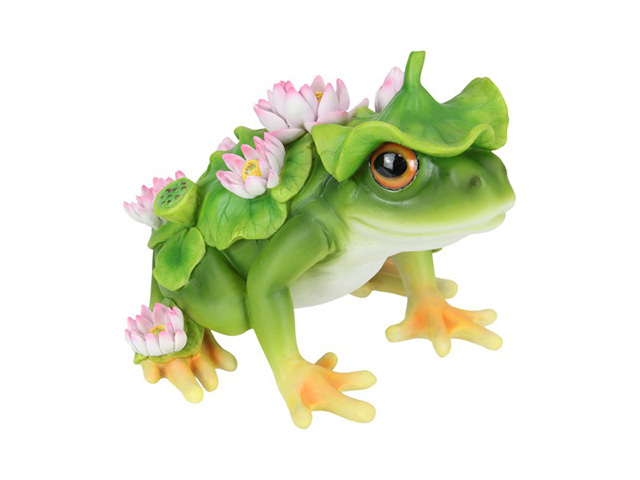 24CM SITTING GREEN FROG W/FLOWER FINISH