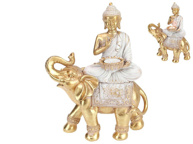 29CM GOLD/GREY RULAI BUDDHA ON ELEPHANT