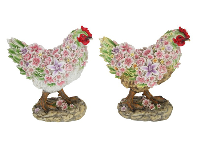 31CM STANDING HEN WITH FLOWER FINISH 2ASST