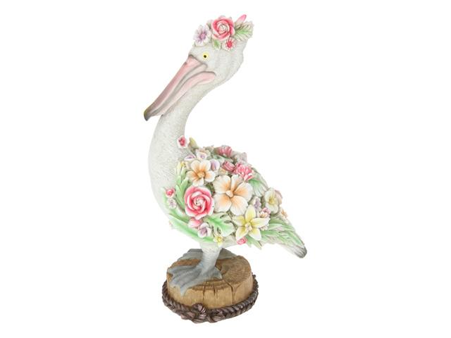40CM PELICAN WITH FLORAL DESIGN ON LOG