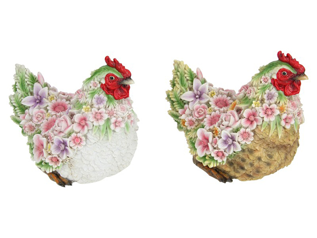 24CM SITTING HEN WITH FLOWER FINISH 2ASST