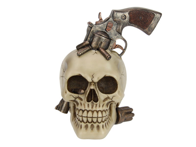 18CM SKULL W/GUN IN HEAD
