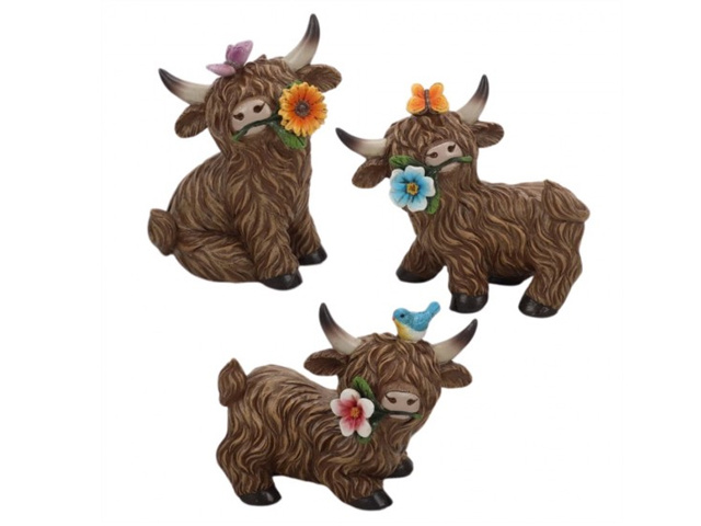 RESIN SPRING HIGHLAND COW 10X6X8CM 3ASST SOLD QTY6