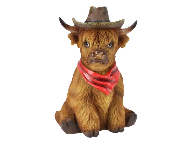 19CM HIGHLAND COW W/RED COWBOY HAT SOLD QTY 2