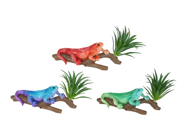 13CM LIZARD ON LOG W/GREENERY 3ASST QTY 6