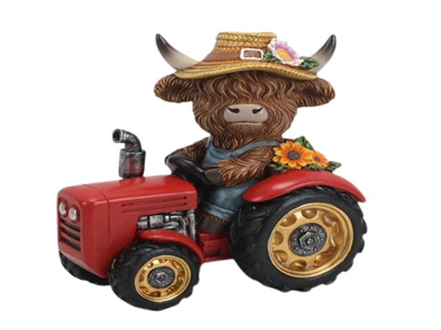 RESIN HIGHLAND COW W/TRACTOR 15X9.5X17CM QTY 2