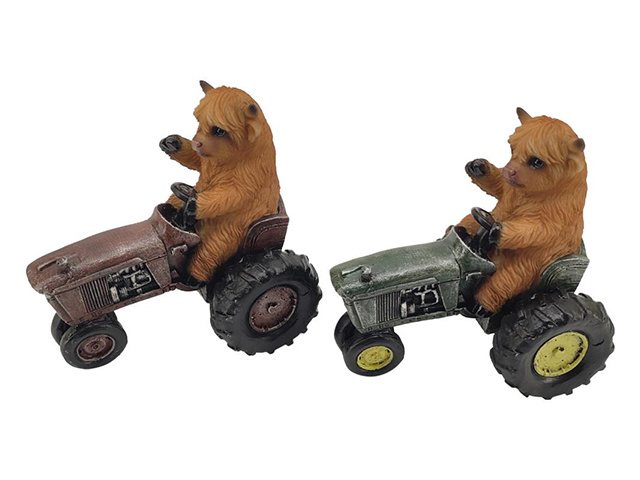 15CM HIGHLAND COW ON TRACTOR 2ASST
