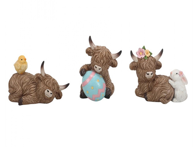 RESIN EASTER HIGHLAND COW 11X7X6.5CM 3ASST SOLD QTY6