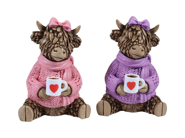 11CM HIGHLAND COW WITH COFFEE 2ASST SOLD QTY 4
