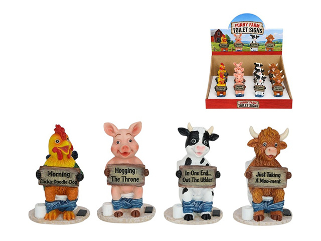 10CM FARMYARD ANIMALS ON TOILET 4ASST UN12