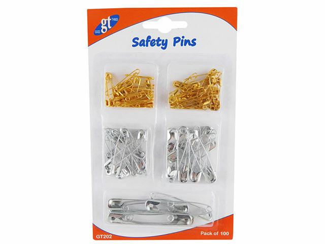 SAFETY PINS 5 SIZES GOLD SILVER 100PK