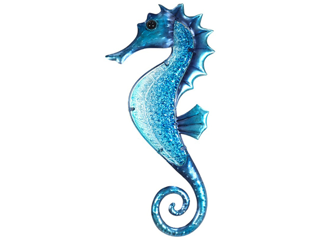 43CM BLUE METAL/GLASS SEASHORSE WALL ART