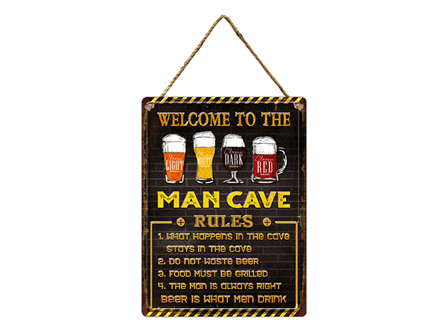 METAL EMBOSSED MAN CAVE RULES WALL HANGER