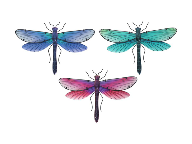46CM METAL/GLASS DRAGONFLY WALL ART 3ASST