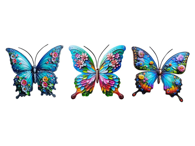 18CM COLOURFUL METAL B/FLY WALL ART 3ASST QTY 6
