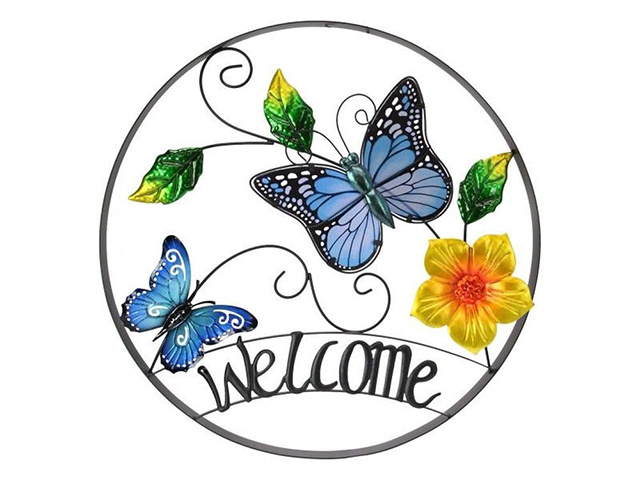 54CM ROUND METAL GLASS BFLY WALL ART