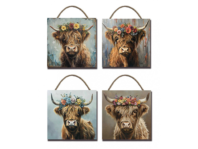HIGHLAND COW PLAQUE 20X1.1X20CM 4ASST