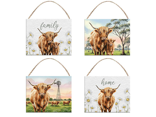 25X20CM MDF HIGHLAND COW HANGING PLAQUE QTY 4